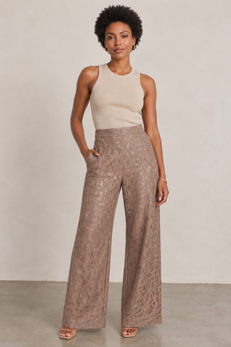 Current Air Embroidered Lace Overlay Wide Leg Pants Tan High Waist NWT XS
